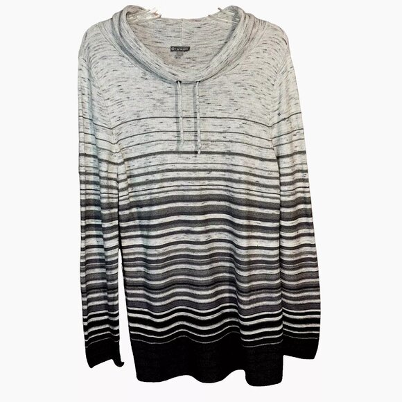 T by Talbots Women's Soft Top Tunic Gray Striped Knit Drawstring Cowl Neck Sz M - Picture 1 of 6